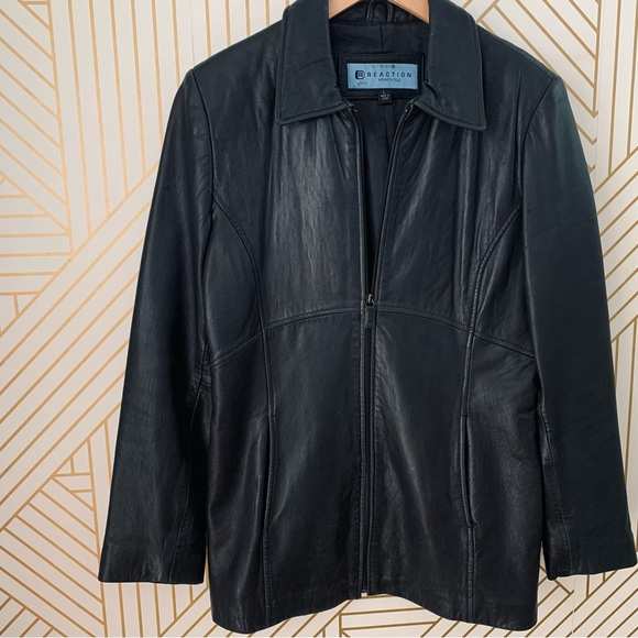 Kenneth Cole Reaction Leather jacket zipper front long line silhouette collar L - Picture 11 of 11